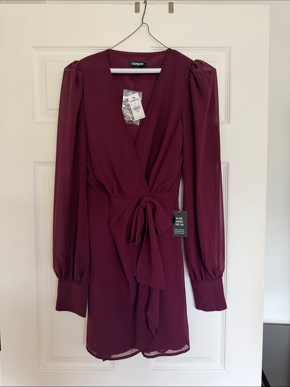 Express Women's Burgundy Long-Sleeve Wrap Mini Dress
